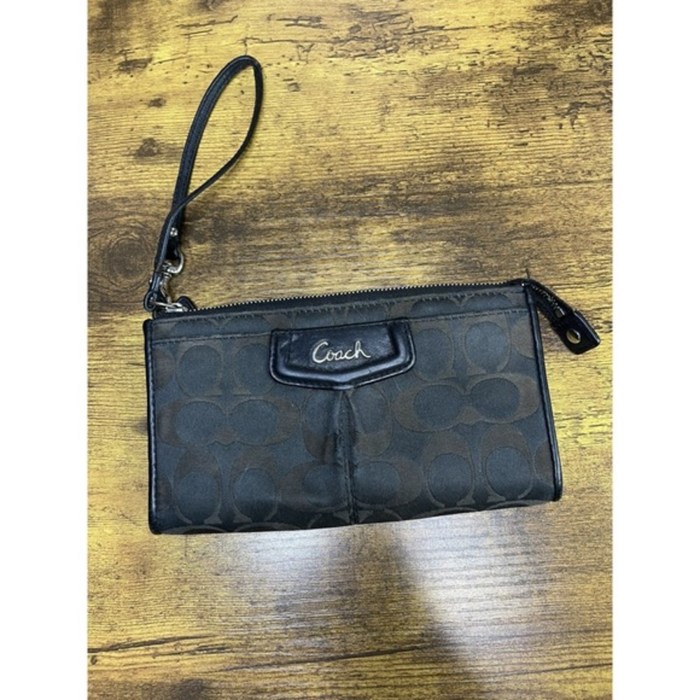 Coach VTG Wristlet Wallet Black & Brown Monogram Zip Logo Canvas Leather Pockets